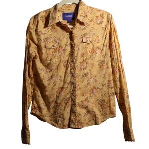 Womens Yellow Floral Pearl Snap Ruffled Long Sleeve Top L Country Western Rodeo
